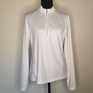 GG Blue luxe sport 1/4 zip long sleeve polka dot white polyester knit shirt